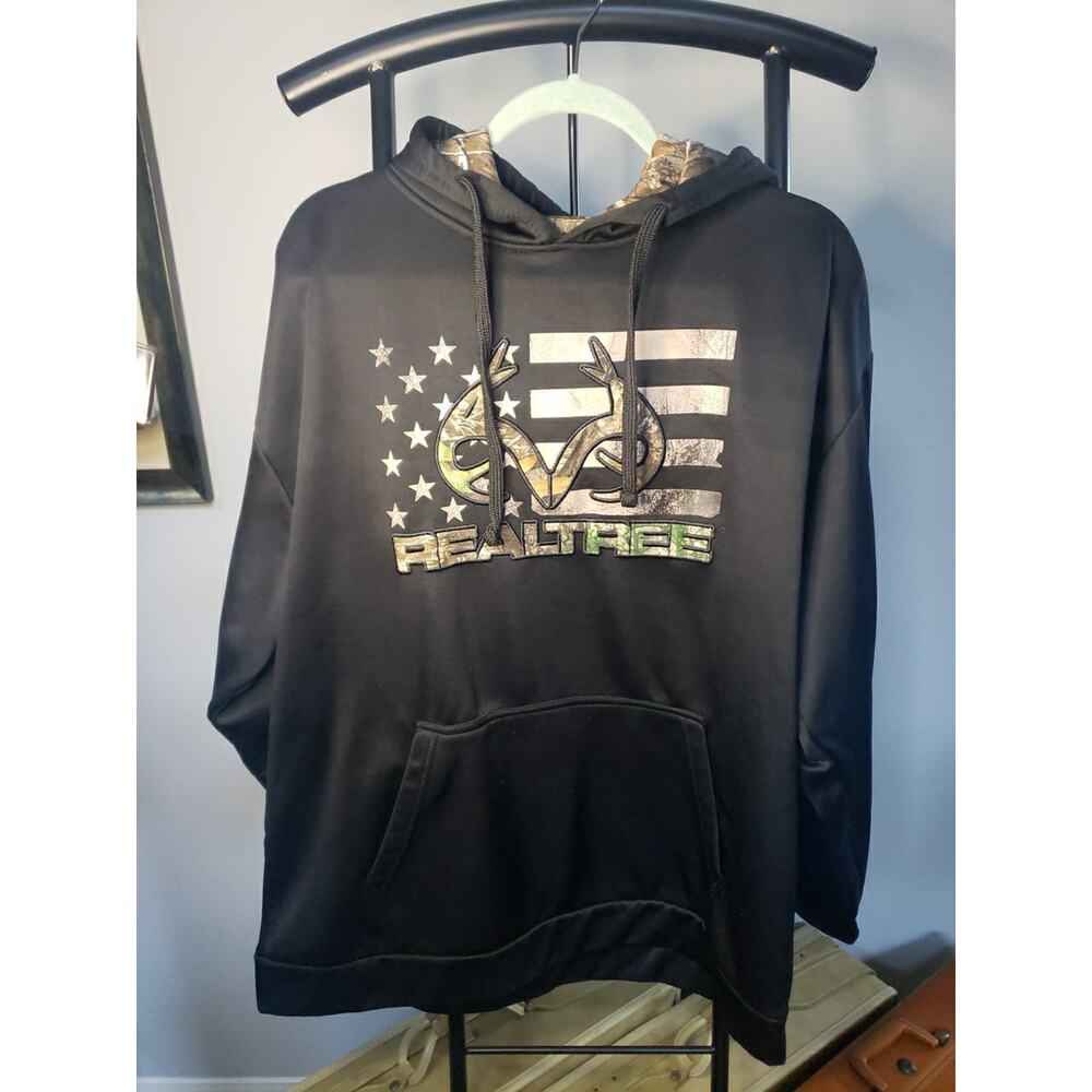 Realtree Hoodie Men's XXL BLACK HOODED FLAG Sweatshirt Long Sleeve Outdoors